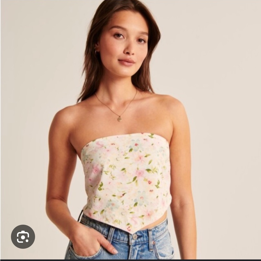 Abercrombie & Fitch Floral Strapless Bandana Crop Top - Pink, Green, White